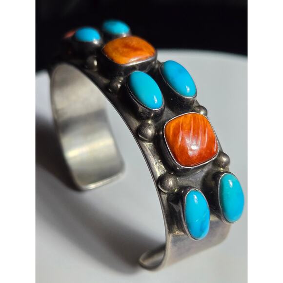 Vintage Native American Turquoise Spiny B Johnson Sterling Silver Cuff Bracelet - Picture 6 of 10